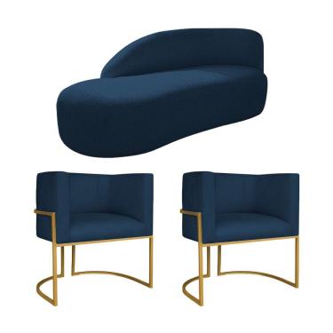 Imagem de Kit Divã Luna 185cm Lado Esquerdo E 02 Poltronas Base De Ferro Dourado Suede Azul Marinho