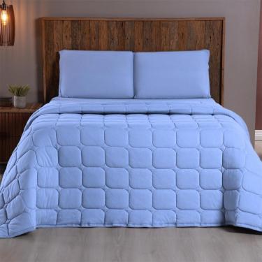 Imagem de Kit Cobre Leito Colcha Minimal Casal 3 Peças Malha 100% Algodão - Azul Claro