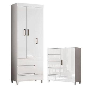 Imagem de Guarda Roupa Solteiro 3 Portas com Pés Fit com Cômoda 1 Porta e 4 Gave