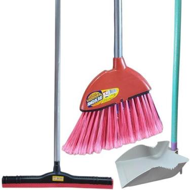 Imagem de Kit Limpeza Vassoura Pá Rodinho Canto Não Risca Com Cabo - Poli Clean