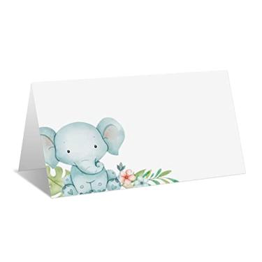 Imagem de Cartões de lugar para festa de elefante azul, cartões de lugar de nome editáveis, cartões de lugar de assento para mesas, cartões de estilo de barraca para chá de bebê, festa de aniversário, fácil dobrável, pacote com 25 cartões de acompanhante (B04)