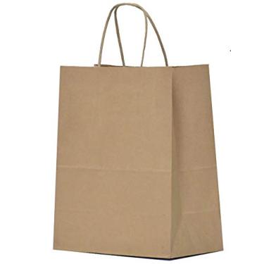 Imagem de Qutuus Sacos de presente de papel Kraft com alças - 20 x 10 x 25 cm, sacolas de compras marrons para festas, lembrancinhas, negócios