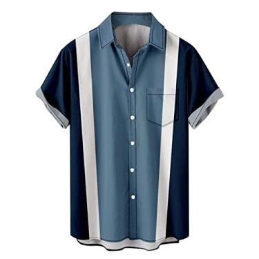 Imagem de Camisa havaiana masculina de manga curta com botões soltos retrô manga curta havaiana casual listrada camisas de boliche personalizadas, 0115a-azul, 3G
