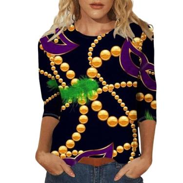 Imagem de Camiseta feminina de carnaval com estampa de carnaval túnica 2024 manga 3/4 gola redonda camiseta de manga longa, Cinza, M