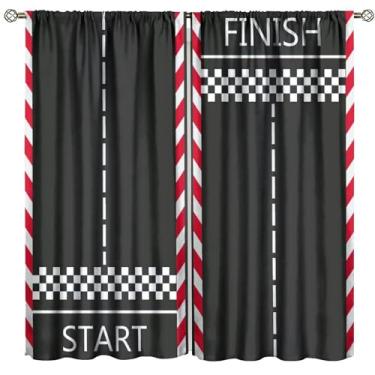 Imagem de GoDazzling Cortinas Blackout Para Pista De Corrida Infantil, Esportivas Com Bandeira Quadriculada Largada E Chegada, Crianças, Meninos Adolescentes, Sala Jogos, Quarto, 21 (L) X 45 (C), 2 Painéis