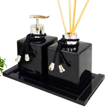 Imagem de Kit lavabo branco preto aromatizador jogo de banheiro kit de acessorios porta sabonete liquido