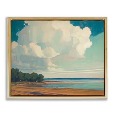 Imagem de Stupell Industries Nuvens sobre extensa praia com moldura dourada flutuante, arte de parede, design de Elara Yasna, 53 x 43 cm