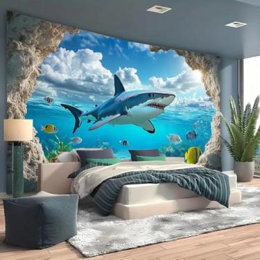 Imagem de FENDROM Tapeçaria de tubarão do oceano azul, peixe tropical e coral em abismo profundo submarino com luz solar azul, paisagem para quarto, sala de estar, crianças, árvore, dormitório, decoração de