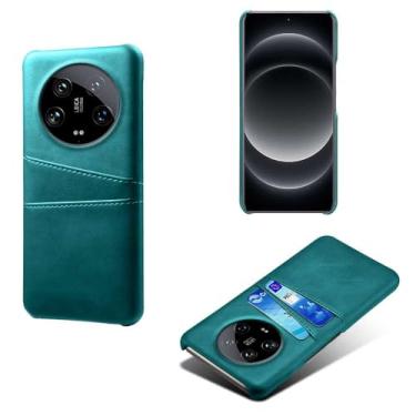 Imagem de Capas Compatível com Xiaomi 14 ULTRA,Caso de couro PU-Tampa de telefone a prova de choque com 2 slots de cartão,Proteção anti-impressão digital e anti-gota-Green