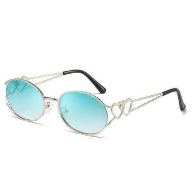 Imagem de SODQW Óculos de sol retrô ovais femininos modernos com armação de metal redonda com detalhes de coração, proteção UV, A02- prata/verde gradiente, M