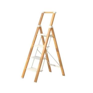 Imagem de Escada de degrau 4/5 degraus para adultos com degraus largos antiderrapantes carga máxima 150 kg Lbs com alça de alumínio, banco dobrável de grão de madeira (branco, médio)