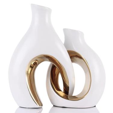 Imagem de Conjunto de vasos de cerâmica branca e dourada para decoração de casa, vasos de rosquinha ocos modernos para grama de pampa e flores, vasos decorativos boho elegantes para mesa de sala de estar