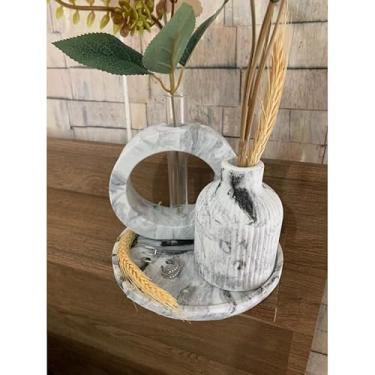 Imagem de Vaso Decorativo Artesanal Oval Boho em Cimento (3 peças= 2vaso+bandeja marmore)