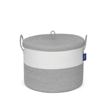 Imagem de Echueuey Cestas de armazenamento extragrandes de 53 cm x 45 cm, cesta decorativa com tampa para sala de estar, cestas de corda com tampa, cesto de vime para quarto, grande, redondo, cinza 115L