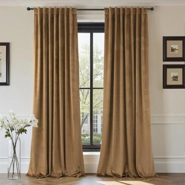 Imagem de Cortinas de veludo blecaute marrom dourado 246 cm de comprimento para quarto, 2 painéis, bolso traseiro com abas pesadas, espessas, com isolamento térmico, bloqueio de luz, escurecimento do chão ao