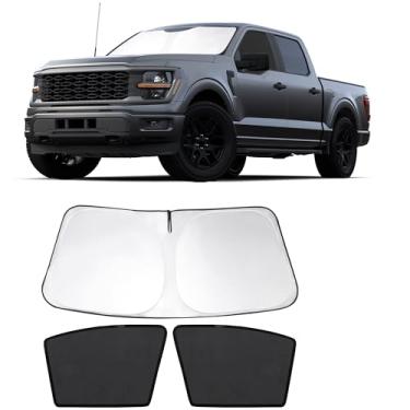 Imagem de Fannyc 3 peças de persianas de janela de carro pára-brisas dianteiras sombra de janela dobrável ajuste personalizado para 2021-2024 Fo-rd F-150 acessórios persianas de carro para janelas dianteiras