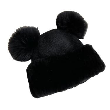 Imagem de Chapéu de pele feminino estilo doce chapéu de malha de pele adornado bola de pele de pelúcia chapéu preto tamanho único