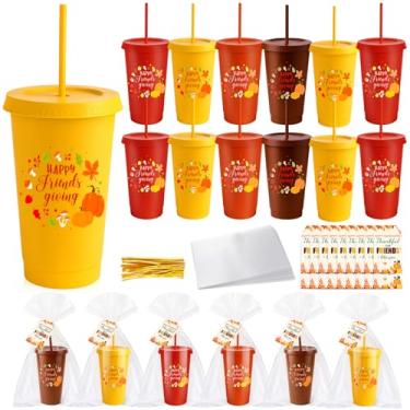 Imagem de LemonRoad Pacote com 24 copos de plástico Happy Friendsgiving com tampas e canudos, copos de outono reutilizáveis de 680 g com etiquetas de agradecimento, lembrancinhas de festa de outono de abóbora