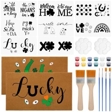 Imagem de Chunful Dunzy Pacote com 3 capachos de coco de coco DIY Dia de São Patrício 43,2 cm x 76,2 cm com paleta de pincéis de pintura de estênceis do Dia de São Patrício tapetes de porta em branco para