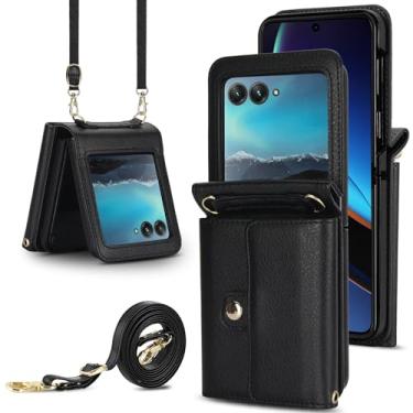 Imagem de Capa carteira para Motorola Razr 50, porta-cartões com bloqueio RFID e alça destacável, couro durável e TPU, 4 compartimentos para cartão, proteção contra quedas, capa flip com suporte para uso diário
