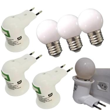 Imagem de Kit 3 Adaptadores de Tomada com Bocal E27 e Botão Liga/Desliga + 3 Lâmpadas Bolinha Branca 15W 127V, Padrão Brasileiro