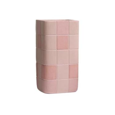 Imagem de KHUTRW3D Vaso de flores com retângulos rosa, padrão quadriculado, vaso de argila de magnésio com orifício de drenagem, para quarto, varanda, jardim, escritório, plantas, recipiente para ambientes