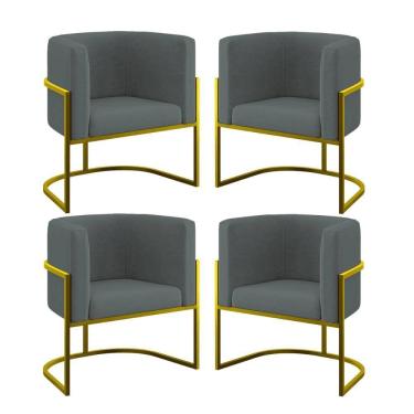 Imagem de Kit 04 Poltronas Lua Sala Decorativa Base De Ferro Gold Cinza