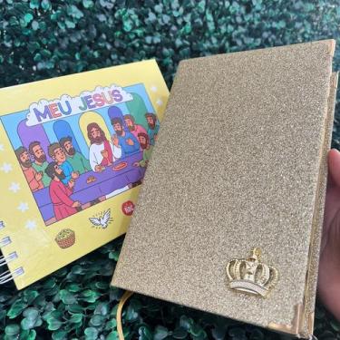 Imagem de Kit Bíblia Glitter ARC Letra Média Com Harpa Livro de Colorir Cristão 