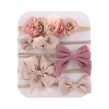 Imagem de Conjunto com 5 Tiaras de Malha para Bebê - Laços Elásticos e Flores De