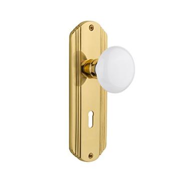 Imagem de Nostalgic Warehouse Placa decorativa com puxador de porcelana branca com abertura única, latão polido