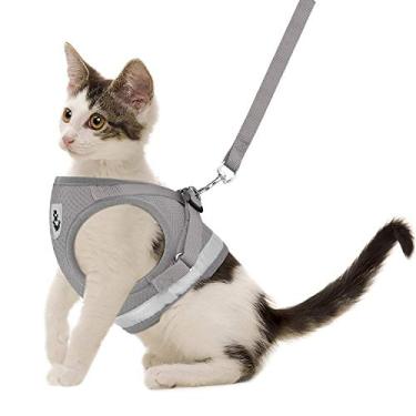 Imagem de Arnês para gatos e conjunto de arnês para filhotes com guias, arnês para gatos à prova de escape, colete de malha macia refletiva ajustável adequado para filhotes de cachorro gatinho coelho furões arnês ao ar livre (cinza, P, peito: 23 cm - 28 cm)