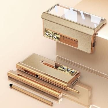 Imagem de Com S Pen Fold 4 Capa de couro revestida para Samsung Galaxy Z Fold 3 2 5 360 Protetor de tela cheia Capa de telefone com suporte magnético, litchi Gold Gold, para Samsung Z Fold 2