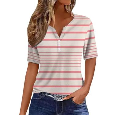 Imagem de Camiseta feminina moderna casual listrada com botão patchwork manga curta camiseta atlética de compressão feminina, Branco, M