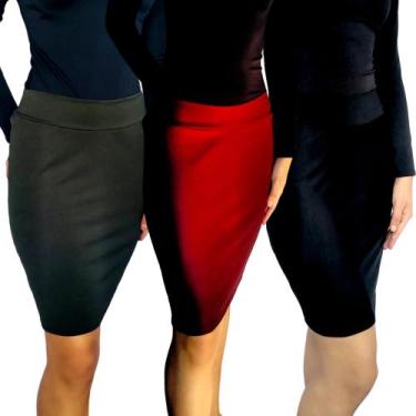 Imagem de Kit 3 Saias Femininas Lápis Moda Evangélica Cós Lisas Cores Sortidas S