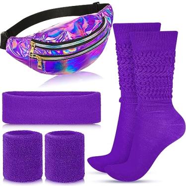 Imagem de Tarpop Conjunto de 4 peças de faixa de suor neon dos anos 80, conjunto de bolsa de cintura, meias longas folgadas atléticas, 2 faixas de suor, faixa de suor, bolsa de cintura brilhante para mulheres, ioga, treino, esportes, academia, tênis, fantasia de festa dos anos 80 (roxa)
