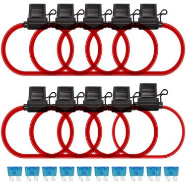 Imagem de Kit de fusíveis e fusíveis em linha – Porta-fusíveis padrão ATC/ATO automotivo calibre 16 da Muhize com fusível padrão de lâmina de 15 amperes (pacote com 10)