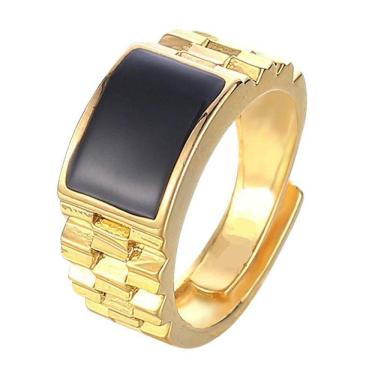 Imagem de Anel Dourado Pedra Preta Banhado A Ouro Ajustável