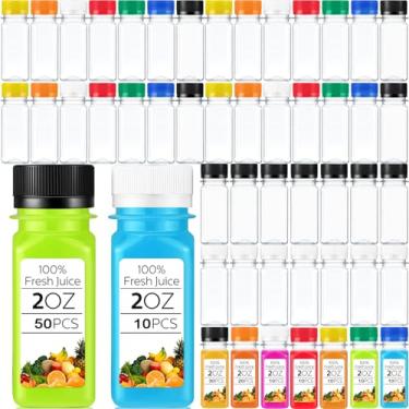 Imagem de 100 garrafas pequenas de suco de plástico transparente de 59 ml com tampa para líquidos, frascos reutilizáveis de gengibre, frasco para bebidas, mini frascos à prova de vazamento para suco, leite