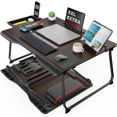 Imagem de Mesa de laptop para cama, bandeja de cama dobrável SAIJI XX-Grande para tomar café da manhã, escrever, trabalhar, jogar, desenhar com gaveta de armazenamento, suporte de livros, suporte de tablet