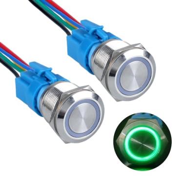 Imagem de DMWD 2 peças de interruptor de botão de travamento antivandalismo à prova d'água de metal de 22 mm, concha prateada com rabicho para orifício de montagem de 12 V-24 V, 5 pinos 1NO 1 NC, anel de halo