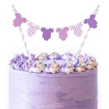 Imagem de Topper de bolo roxo para chá de bebê - body roxo, enfeite de bolo guingão, decoração de revelação de gênero, decorações de bolo de chá de bebê, decoração de festa macacão guingão (roxo)