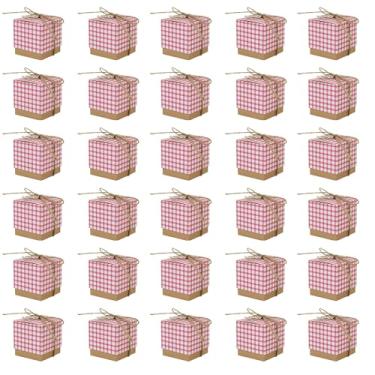 Imagem de 30 caixas de petisco xadrez rosa caixa de presente de papelão quadriculado com pingente de corda de cânhamo doces sobremesa biscoitos recipiente de padaria para casamento, aniversário, chá de bebê