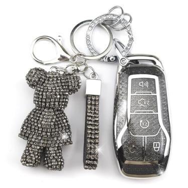 Imagem de Rayslesan Linda capa de chaveiro com pingente de urso de strass, capa inteligente de TPU para mulheres, compatível com Ford Fusion (Mondeo) Mustang F150 Edge Explorer, Lincoln MKZ MKC MKX (5 botões