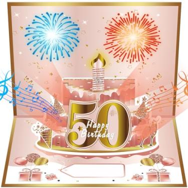 Imagem de Turypaty Cartões de aniversário de 50 anos pop up bolo 3D - fogos de artifício e música e vela soprar luz engraçada - Happy 50 decorações de festa, presentes de cartão de aniversário de 50 anos ouro