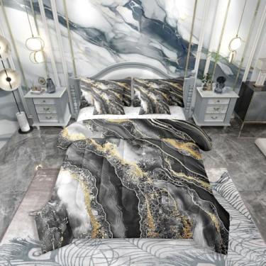 Imagem de Erosebridal Conjunto de edredom solteiro de mármore preto, arte gradiente para crianças e adolescentes, preto dourado tie dye (edredom + lençol de cima + 2 fronhas + 2 capas de travesseiro) Conjunto