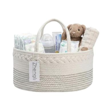 Imagem de Organizador de Fraldas e Acessórios para Bebê – Cesto Multifuncional Portátil com Alças | Ideal para Troca de Fraldas, Mamadeiras, Roupas, Brinquedos e Muito Mais. (Branco)