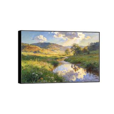 Imagem de Quadro preto arte de parede paisagem impressões em tela - árvore rio flores - decoração pintura - imagens para quarto 20 x 30 cm 8 x 12 pol