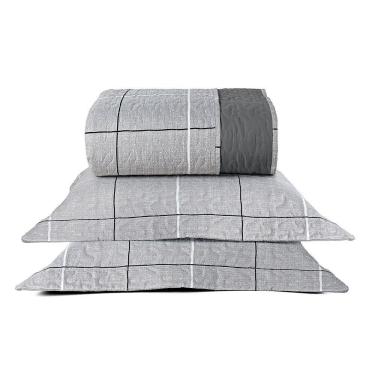 Imagem de Kit Cobre Leito Colcha Casa Scarpa Celi Queen Dupla Face Micropercal 200 Fios 3 Peças Xadrez Grid Cinza