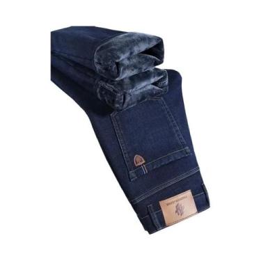 Imagem de Calças Jeans Térmicas De Fleece Para O Inverno Masculinas, Casuais, Re