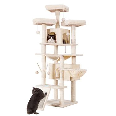 Imagem de Árvore para gatos Hey-brother, grande torre para gatos de 180 cm GG para gatos internos, casa de gatos de vários níveis com 3 poleiros acolchoados, arranhador grande, cesta aconchegante, 2 condomínios